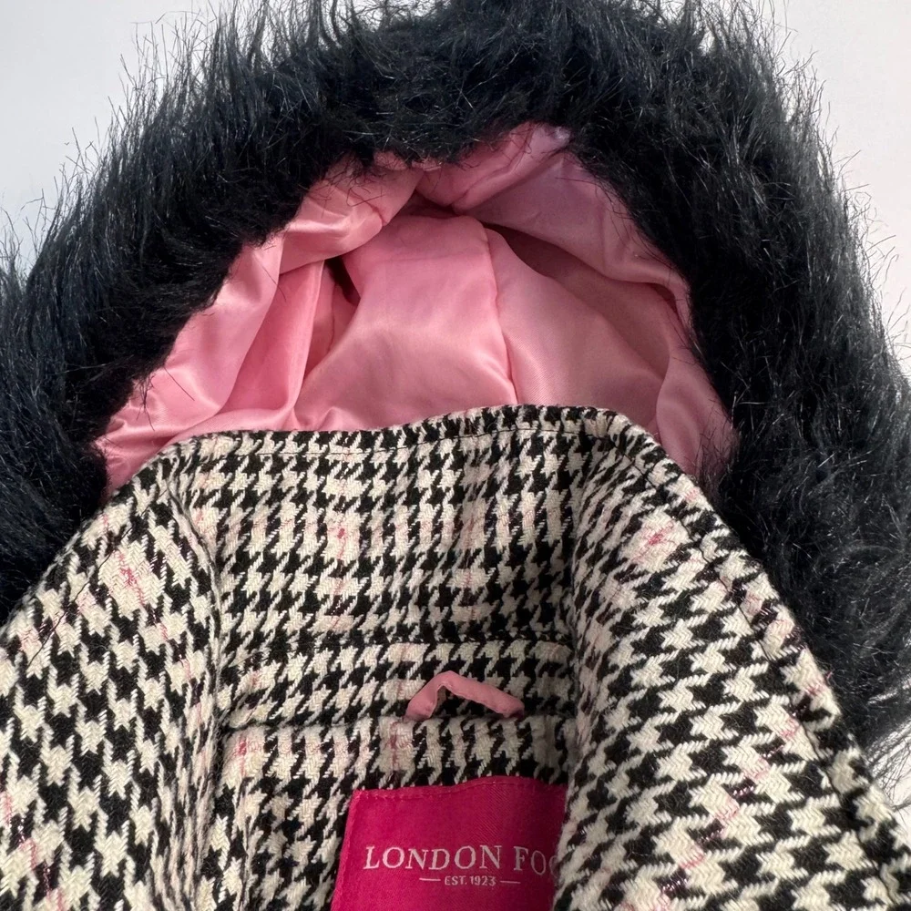 London Fog Girls Houndstooth Pea Coat Faux Fur Hood Pink Lining Size M 5-6